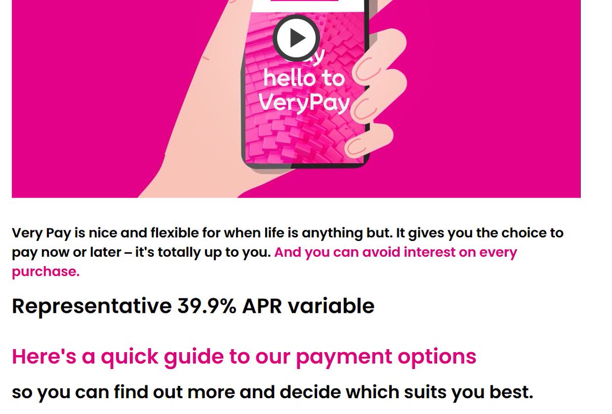 I have just had a letter through from another buy now, pay later operator - this time the online retailer Very... Apparently, I can have payment flexibility for just 39.9% APR... Checked online, seems it is real. Admittedly you don't have to pay interest, but I bet many do.