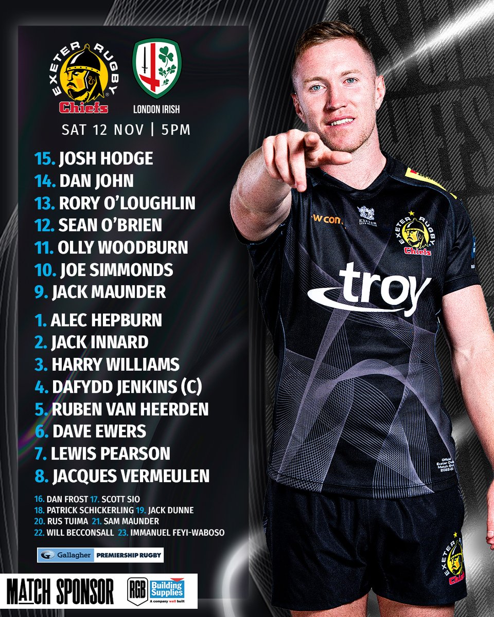 📢 - 𝙏𝙀𝘼𝙈 𝘼𝙉𝙉𝙊𝙐𝙉𝘾𝙀𝙈𝙀𝙉𝙏

Here is your <a href="/ExeterChiefs/">Exeter Chiefs</a> side to face <a href="/londonirish/">London Irish</a> in tomorrow's <a href="/premrugby/">PREM Rugby</a> Rd 10 clash at <a href="/SandyParkExeter/">Sandy Park Exeter</a> (5pm) ⬇️

exeterchiefs.co.uk/news/chiefs-si…

Match Sponsor: RGB Building Supplies

#EXEvLIR