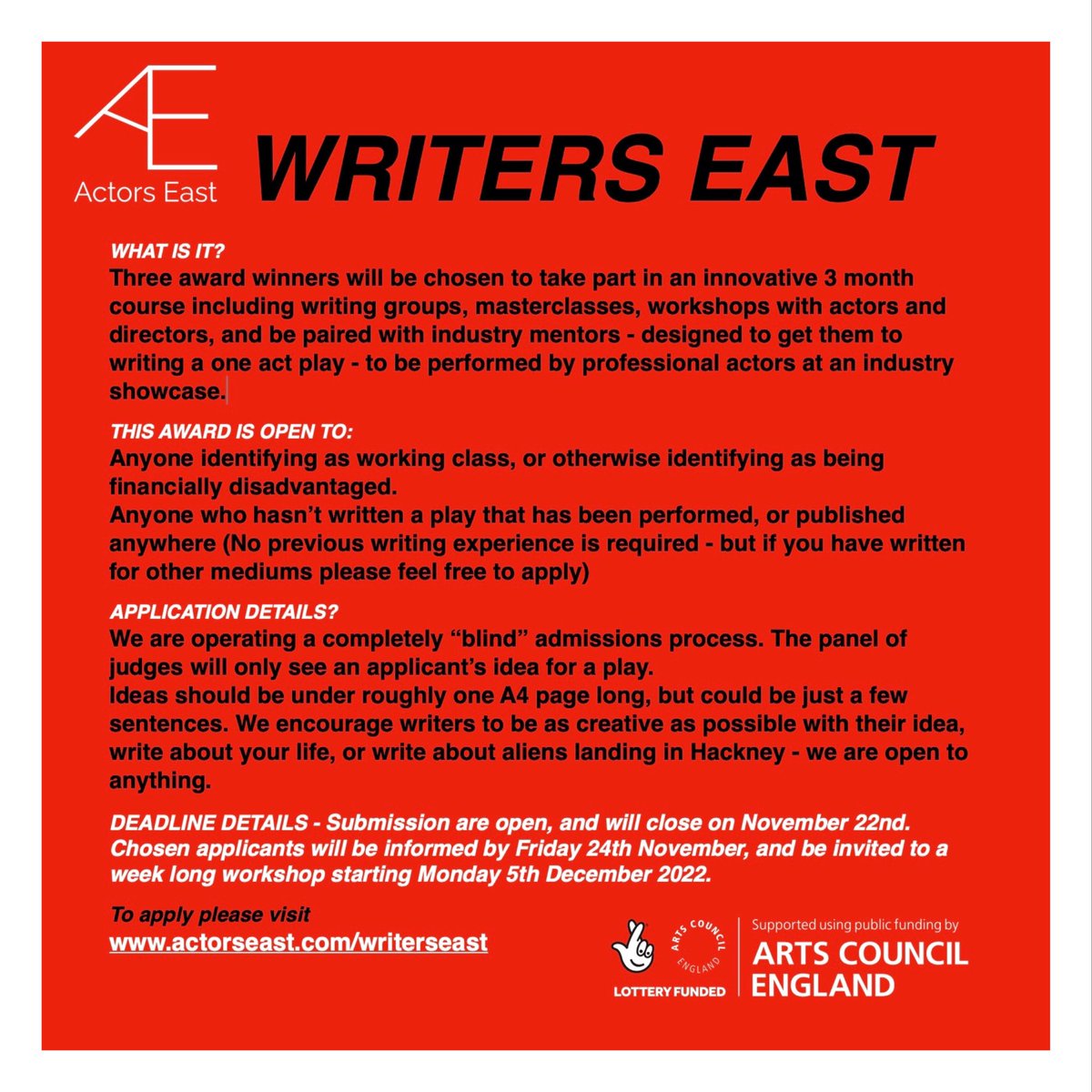 JamesAlexandrou's tweet photo. OPPORTUNITY! Over at my little theatre @actors_east we have an open call for 1st time working class playwrights to apply for a FREE 3 month course. Deadline at 22nd November. Very very proud of this. Please SHARE! #actng #playwriting #theatre #workingclass https://t.co/19wcQgF7bH