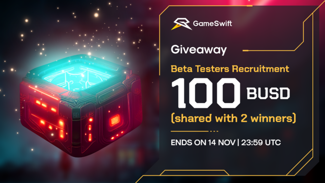 GameSwift_io's tweet photo. Time goes fast, #GSwiftArmy!⏱️

The beta testers' recruitment ends in 3 days on 14 Nov, 23:59 UTC.

Join the #Giveaway to spread the news!
👉Like &amp; RT
👉Follow @GameSwift_io
👉Tag 2 friends who should be beta testers

Prize pool: 100 $BUSD 🏆

Ends: 14 Nov, 23:59 UTC https://t.co/VcnL90LrZt