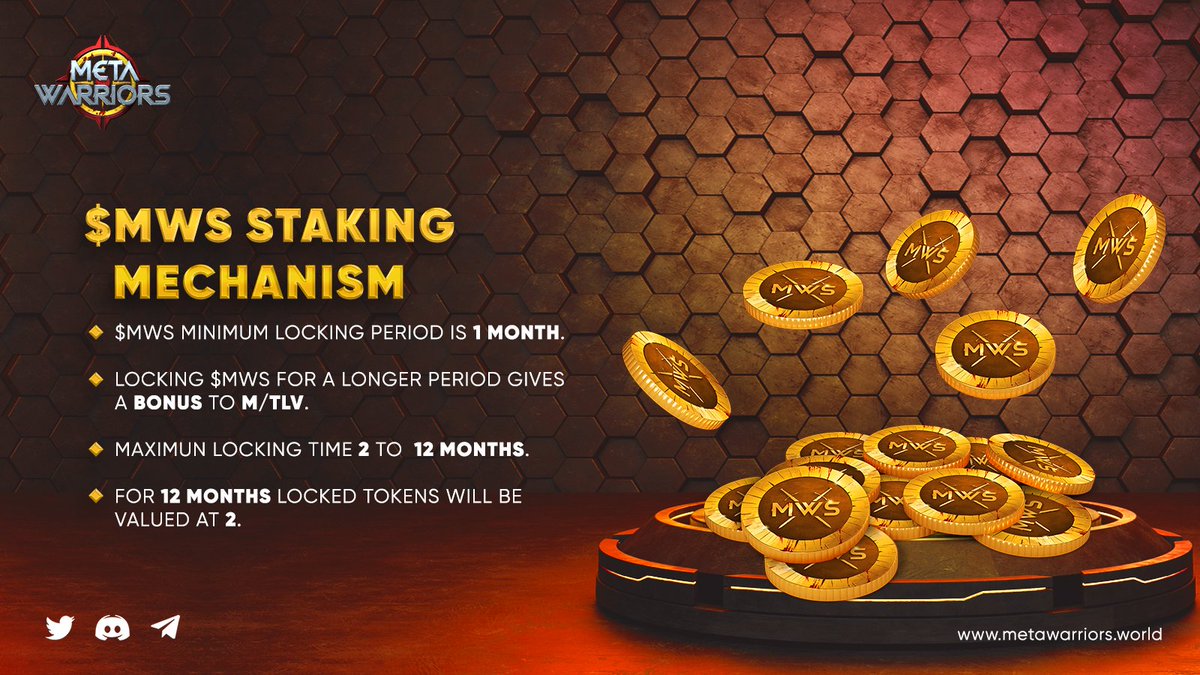 An individual may lock staking MWS at any time. The minimum locking period is 1 month. An individual may unlock staked MWS at any time after 1 month. However, locking MWS for a longer period gives a bonus to M/TLV.

#metawarriors #Crypto #CZBinance $MWS
1/3