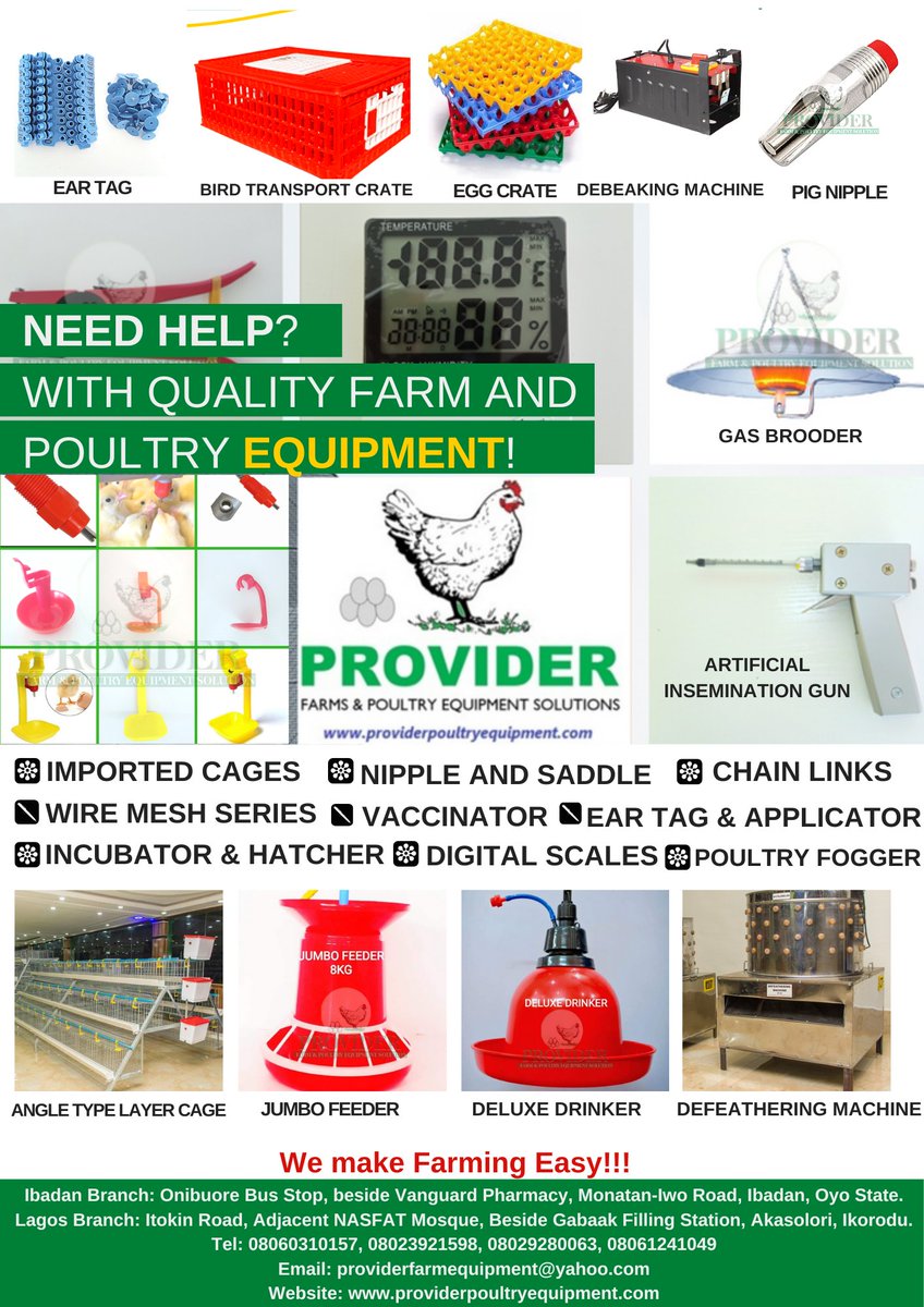 Providerfarmng's tweet photo. NEED HELP WITH QUALITY FARM AND POULTRY EQUIPMENT.

Provider Farm and Poultry Equipment Solution got you covered.

Delivery Nationwide 

#ProviderFarm #equipment #Farmequipment #agribusiness #AgribusinessNigeria #BatteryCages  #NippleAndSaddle #LayerCage  #NigeriaPoultryFarmers https://t.co/SNIVXTr4d7