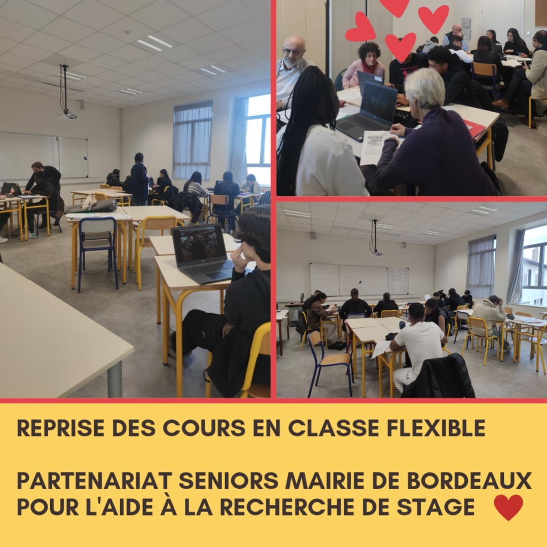 BremontierLP's tweet photo. Reprise des cours pour nos élèves de seconde #bacpro #MRC avec un accompagnement VIP :nos partenaires, les seniors de la mairie de @Bordeaux #BSA sont venus aider nos élèves dans leur recherche de #stage autour d'ateliers thématiques #classeflexible Grand merci à eux 😍 https://t.co/67Gxn5HyOM