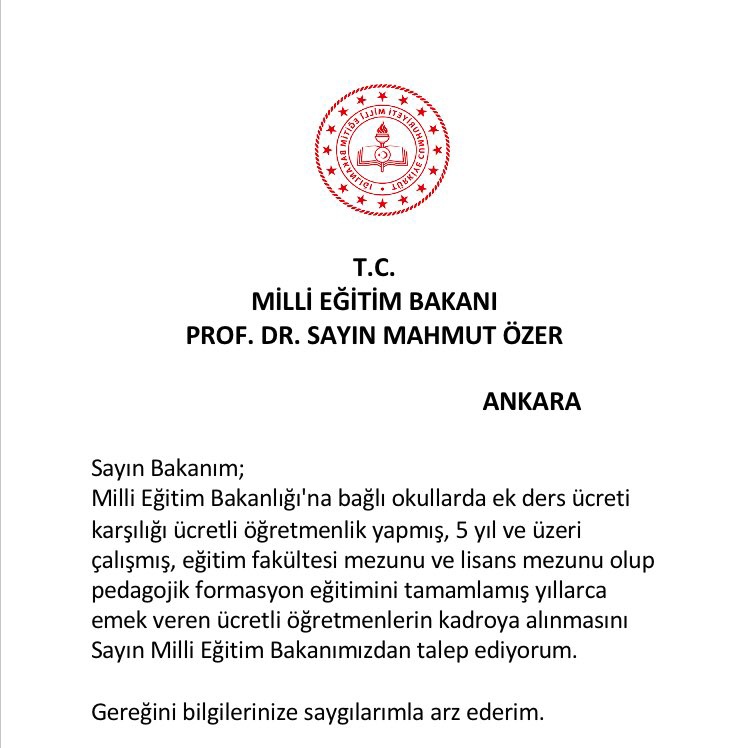 enginpnrbsli's tweet photo. Görev Yapan veya Yapmayan Tüm Ücretli Öğretmenlerimizin @tcmeb Bakanı Sn Mahmut Özer'e Hitaben Yazmalarını İstediğim Dilekçe Metnini , İsim Soy İsimleriyle Birlikte Yazıp İmzalayarak Bakanlığa Yazılı Olarak Göndermelerini , Haklarını Aramalarını Rica Ediyorum https://t.co/GqWAlShtLD