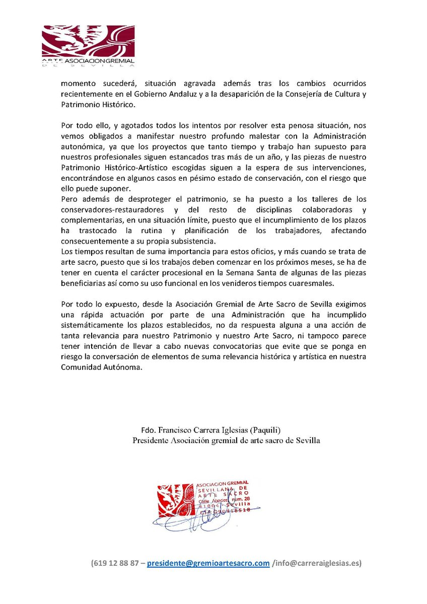 Asociación Gremial de Arte Sacro de Sevilla (@gremioartesacro) on Twitter photo Desde <a href="/GremioArteSacro/">Asociación Gremial de Arte Sacro de Sevilla</a> queremos manifestar nuestro profundo malestar y enorme preocupación por la situación límite a la que la inacción de <a href="/TurismoAND/">Consejería de Turismo y Andalucía Exterior</a> está llevando a gran parte de los profesionales del #ArteSacro
cc <a href="/diariosevilla/">Diario de Sevilla</a> <a href="/abcdesevilla/">ABC de Sevilla</a> @elCorreoWeb <a href="/RadioSevilla/">Radio Sevilla</a> Desde <a href="/GremioArteSacro/">Asociación Gremial de Arte Sacro de Sevilla</a> queremos manifestar nuestro profundo malestar y enorme preocupación por la situación límite a la que la inacción de <a href="/TurismoAND/">Consejería de Turismo y Andalucía Exterior</a> está llevando a gran parte de los profesionales del #ArteSacro
cc <a href="/diariosevilla/">Diario de Sevilla</a> <a href="/abcdesevilla/">ABC de Sevilla</a> @elCorreoWeb <a href="/RadioSevilla/">Radio Sevilla</a>