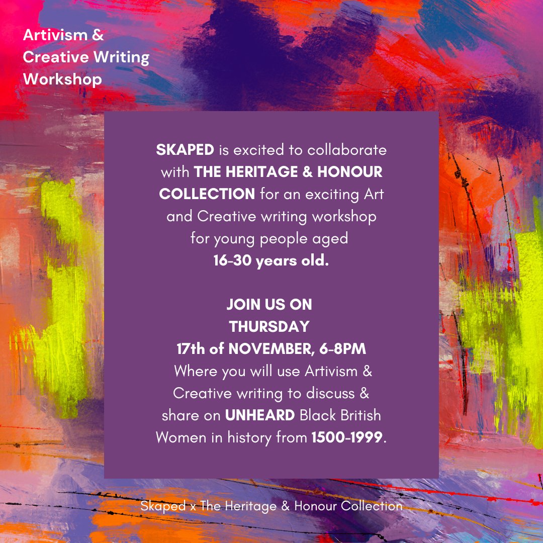 NEW EVENT: Art let’s you speak 🎨

We’re hosting a really exciting #artivism &amp; #creativewriting workshop for 16-30 year olds with @theskaped, exploring #BlackBritish Women throughout History using #art.

Thursday 17 Nov, 6-8pm. 9th floor, Import Building.
eventbrite.co.uk/e/art-lets-you…