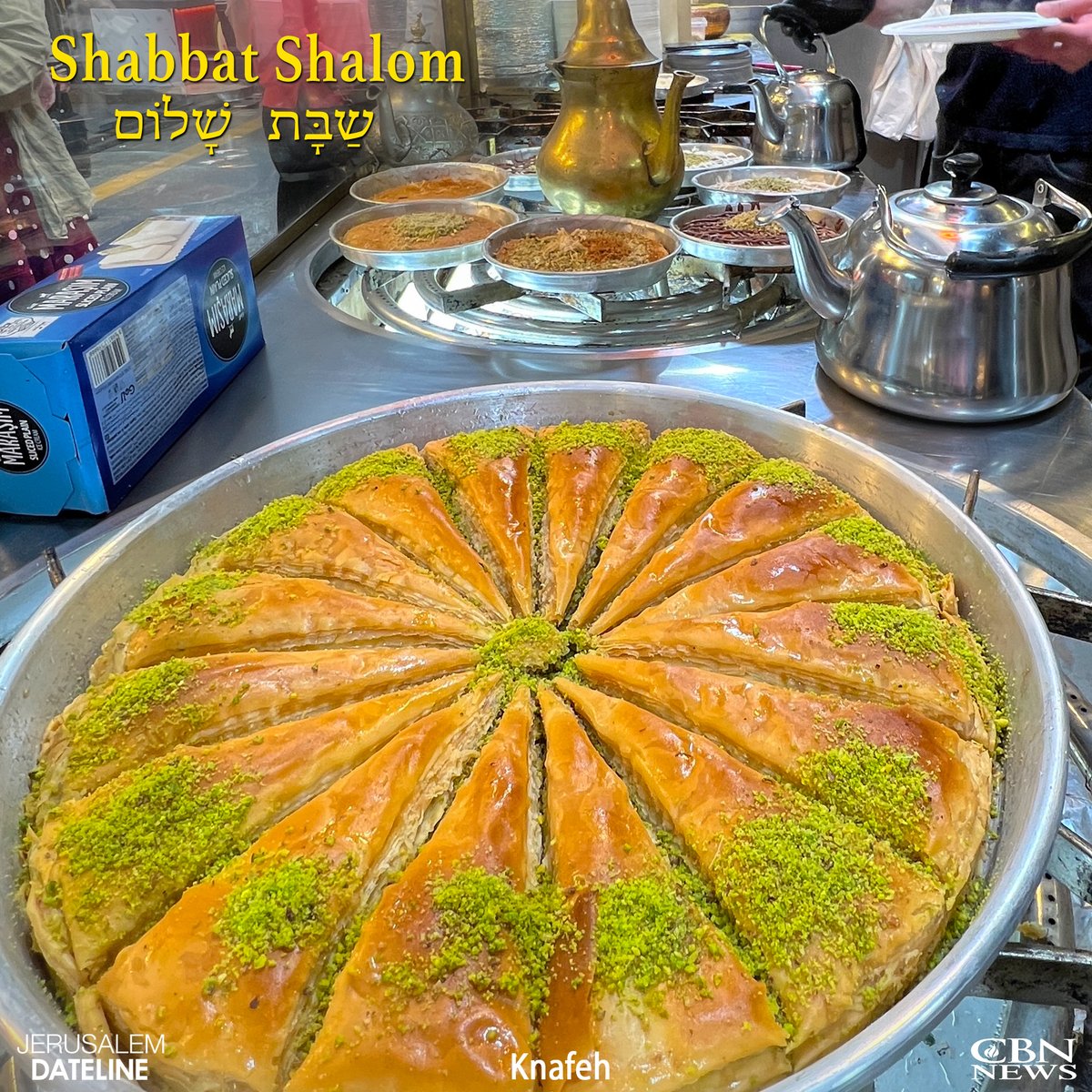 JlemDateline's tweet photo. #SHABBATSHALOM! Delicious #Knafeh pastries fill the streets of J#erusalem. Knafeh is a traditional #MiddleEastern dessert made from shredded pastry noodles (#kadaif). Spun into a #sweet treat that is layered with #cheese and topped with anything, but usually #pistachios! https://t.co/6oLpy9rxwn