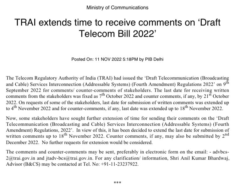 DrHemant_Joshi's tweet photo. .@TRAI ने #DraftTelecomBill 2022 पर टिप्पणियां प्राप्त करने की तिथि बढ़ाई।
18 नवंबर 2022 तक लिखित टिप्पणी जमा करने की अंतिम तिथि। https://t.co/qufUU08cmH