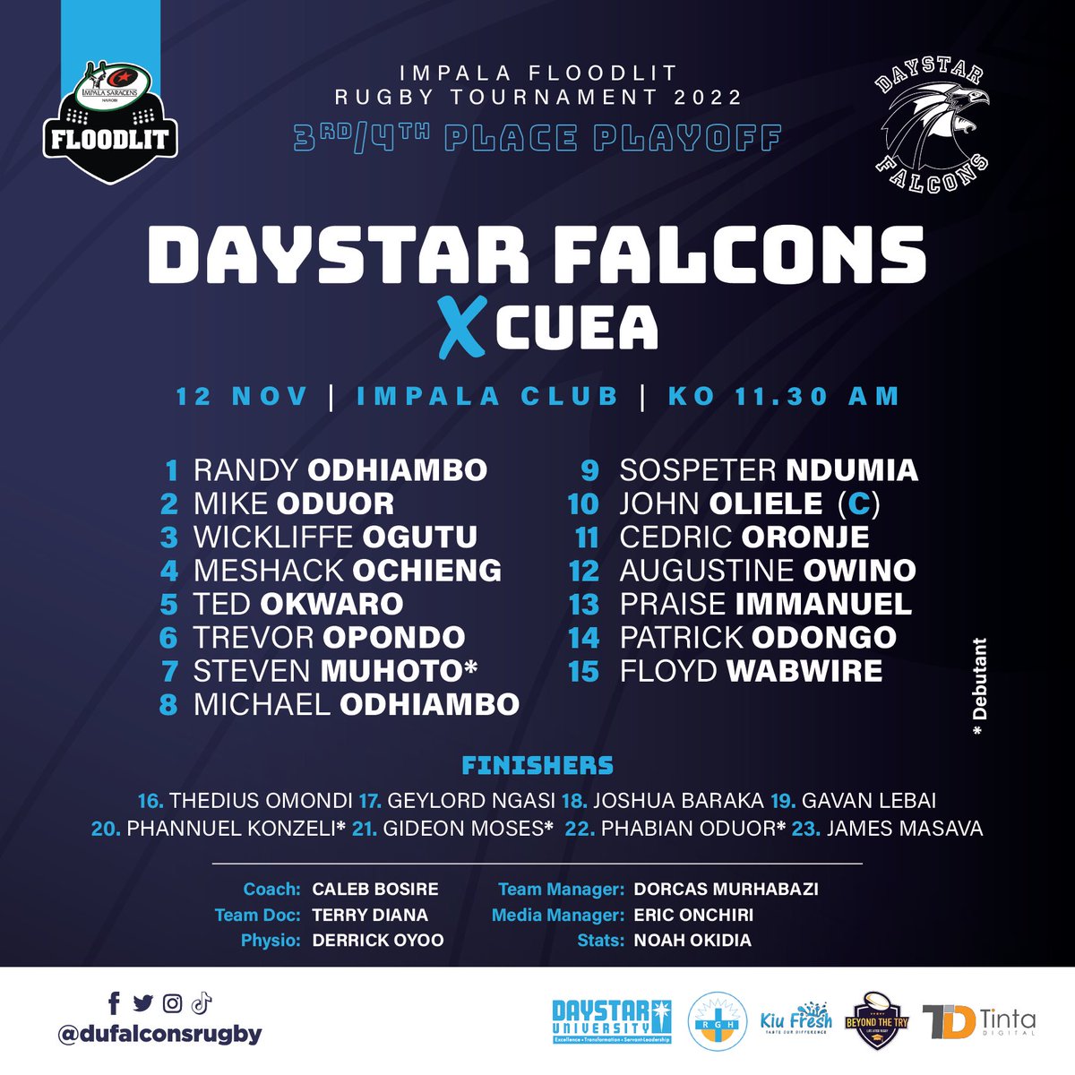 DUFalconsRugby's tweet photo. #Floodies2022
Coach Bosire has made up changes to the squad after a few injuries in the team. Steven Muhoto, Phanuel Konzeli, Gideon Moses & Phabian Oduor are keen to pick their debuts
#PoweredByDaystarUniversity
#BeyondTheTry
#TintaDigital
#KiuFresh
#TakeMatters
#FloodiesIsBack https://t.co/5qPGbv0OTD