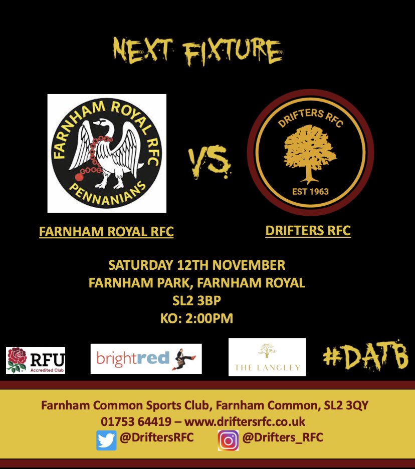 Drifters RFC (@driftersrfc) on Twitter photo π³π LOCAL DERBY TIME! ππ³
Tomorrow, Drifts make the 1.8 mile trip to local rivals, <a href="/farnhamroyalrfc/">Farnham Royal Rugby Club</a> in our first league meeting in years!
π - Farnham Park, SL2 3BP
β° - 2pm KO
ποΈ - Saturday 12th November
π- Counties 4 Tribute Berks Bucks & Oxon South
#DATB π³π LOCAL DERBY TIME! ππ³
Tomorrow, Drifts make the 1.8 mile trip to local rivals, <a href="/farnhamroyalrfc/">Farnham Royal Rugby Club</a> in our first league meeting in years!
π - Farnham Park, SL2 3BP
β° - 2pm KO
ποΈ - Saturday 12th November
π- Counties 4 Tribute Berks Bucks & Oxon South
#DATB