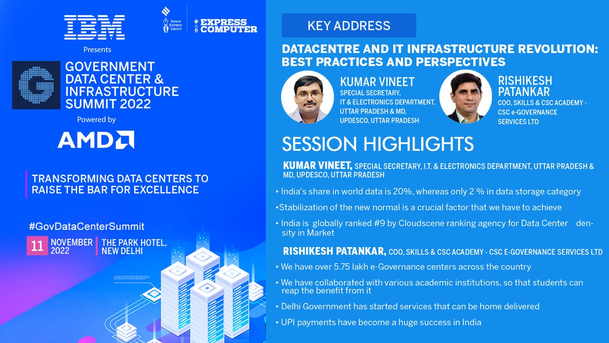 ExpComputer's tweet photo. Session Highlights: Key Address on Datacentre and IT Infrastructure Revolution: Best Practices and Perspectives at @ibm_in presents #GovDataCenterSummit 2022 today at The Park Hotel, New Delhi, powered by @AMDIndia
@srikrp @NivedanPrakash @H_Y_DESAI @GoI_Meity https://t.co/TtQsHJcg7P