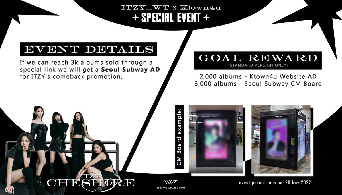 ITZY_WT's tweet photo. [ITZY_WT x @Ktown4u_com Special Event]

If we can reach 3k albums sold through a special link we will get a Seoul Subway AD to promote ITZY's comeback!

Pre-Order here: https://t.co/PcyKyTlD3I

🎯2,000 albums - Ktown4u Website AD
🎯3,000 albums - CM Board Subway AD

@ITZYofficial https://t.co/DqO5XsN0Zp