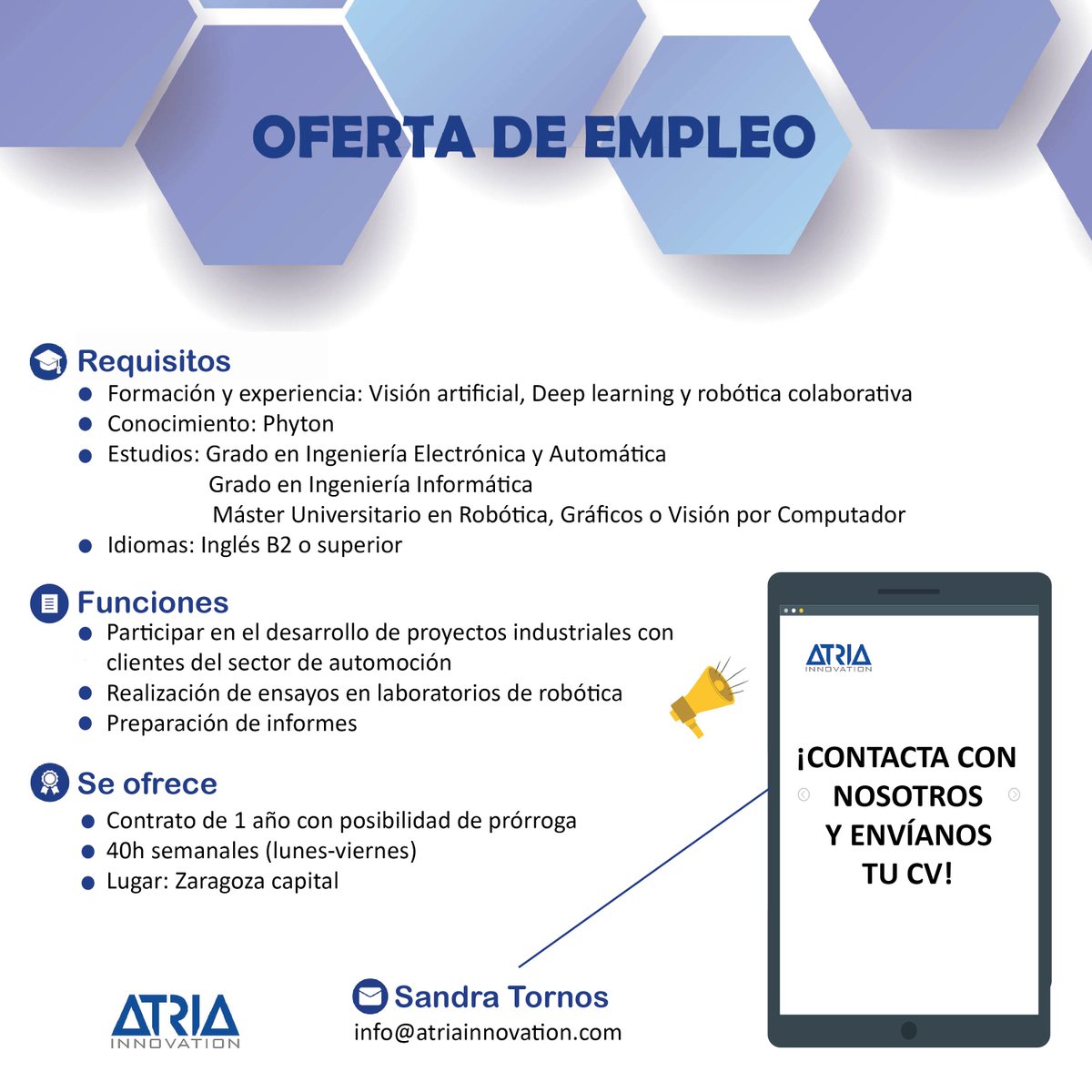 🚨We are #hiring!🚨

👁‍🗨¿Te interesa el mundo I4.0? ¿Tienes experiencia en #programación?

👉 En ATRIA Innovation estamos buscando perfiles que cumplan con los requisitos de la publicación

🔔 Si cumples con alguno, ¡no dudes en contactarnos!

🚀¡Nuestro equipo sigue creciendo!