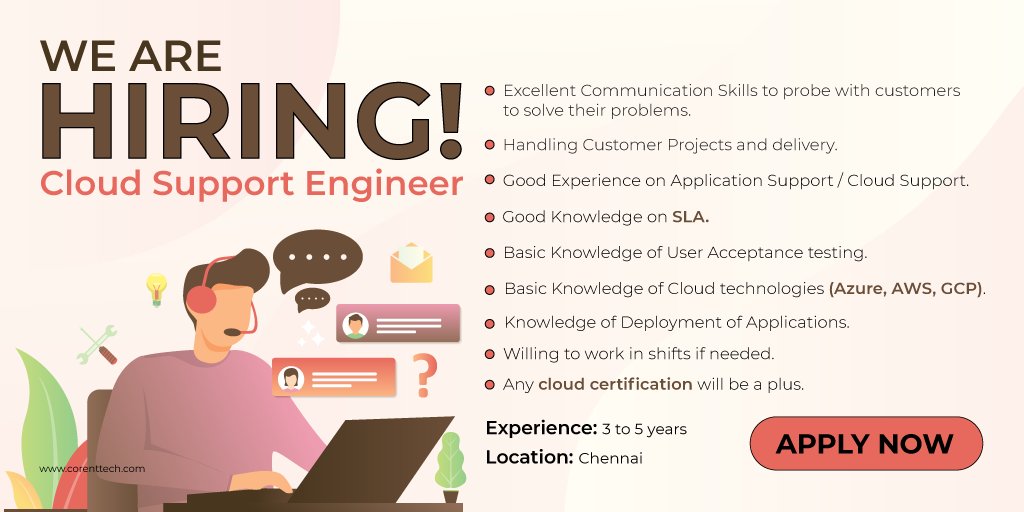 CorentTech's tweet photo. @CorentTech is hiring #CloudSupportEngineer for #ChennaiLocation.
Interested candidates can share your profile: https://t.co/MUHudU8ybD
#chennaijobs #itjobs #itjobopening #supportjobs #softwarejobs #saasjobs #cloudjobs #supportengineer #cloudsupport https://t.co/kqtxeIQN5l