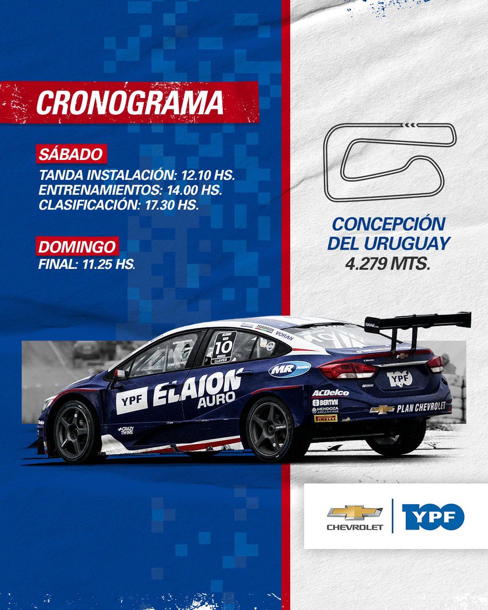 Aquí los horarios de las actividades del TC2000 en Concepción del Uruguay para este finde 🕒🏁

Contamos con tu aliento ✊🏽💯

¡Vamos, Chevrolet! 💪🏽😀

<a href="/ChevroletArg/">Chevrolet Argentina</a> | <a href="/YPFoficial/">ypfoficial</a> | <a href="/Banco_Patagonia/">Banco Patagonia</a>
