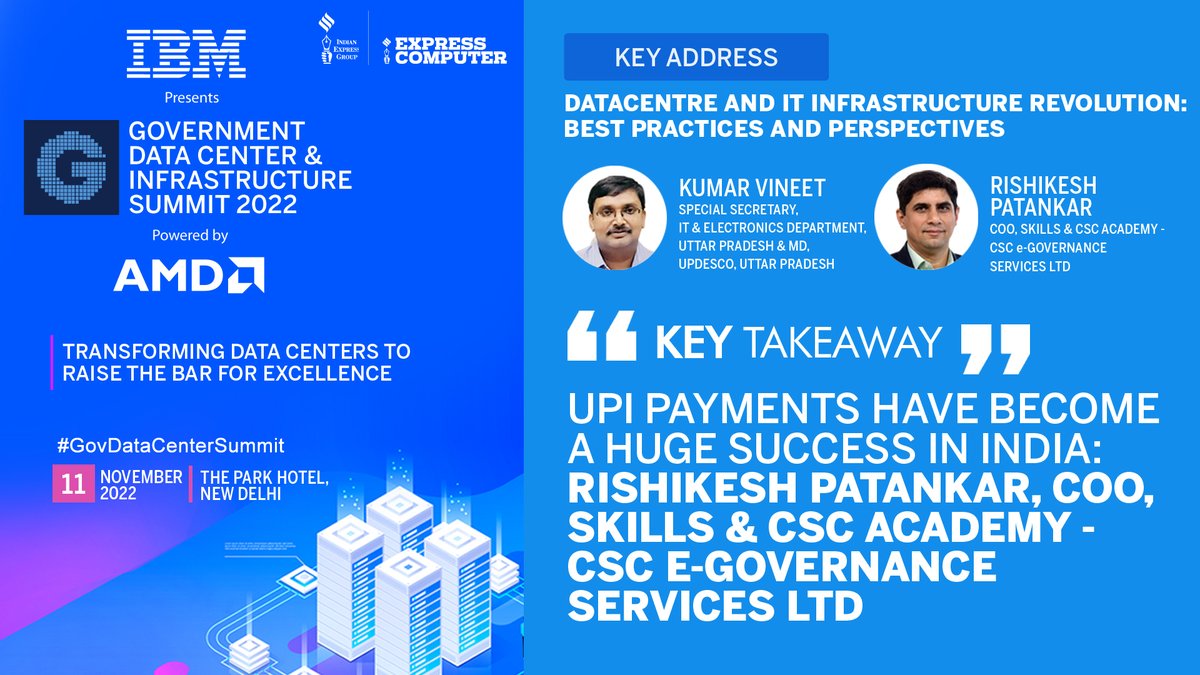 ExpComputer's tweet photo. Key Takeaway: 'UPI payments have become a huge success in India': Rishikesh Patankar, COO, Skills & CSC Academy - @CSCegov_ Services Ltd at @ibm_in presents #GovDataCenterSummit 2022 today at The Park Hotel, New Delhi, powered by @AMDIndia
@srikrp @NivedanPrakash @H_Y_DESAI https://t.co/Gx8Y11qusF