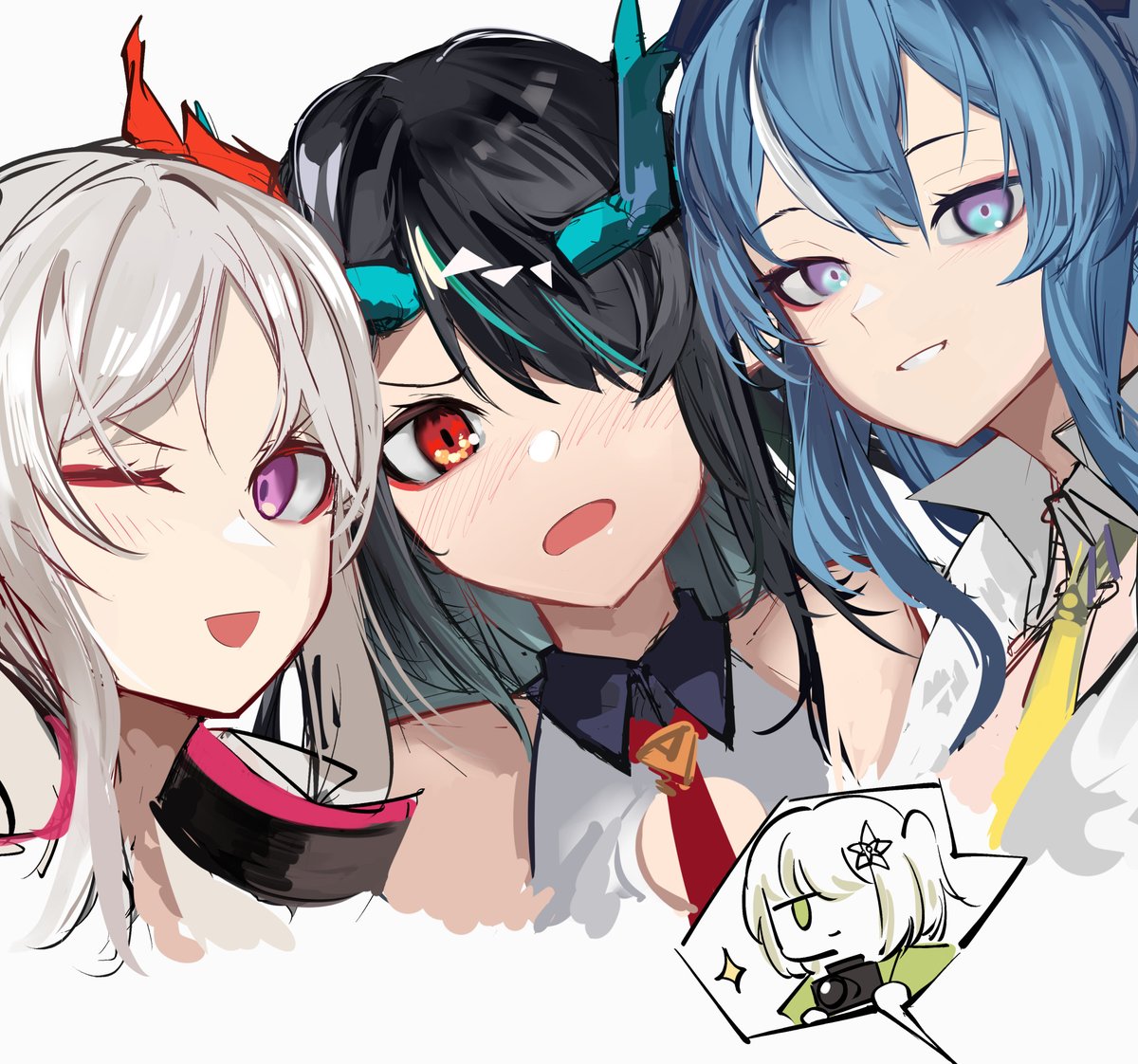 dusk (arknights) ,nian (arknights) multiple girls horns one eye closed blue hair sisters blue eyes black hair  illustration images