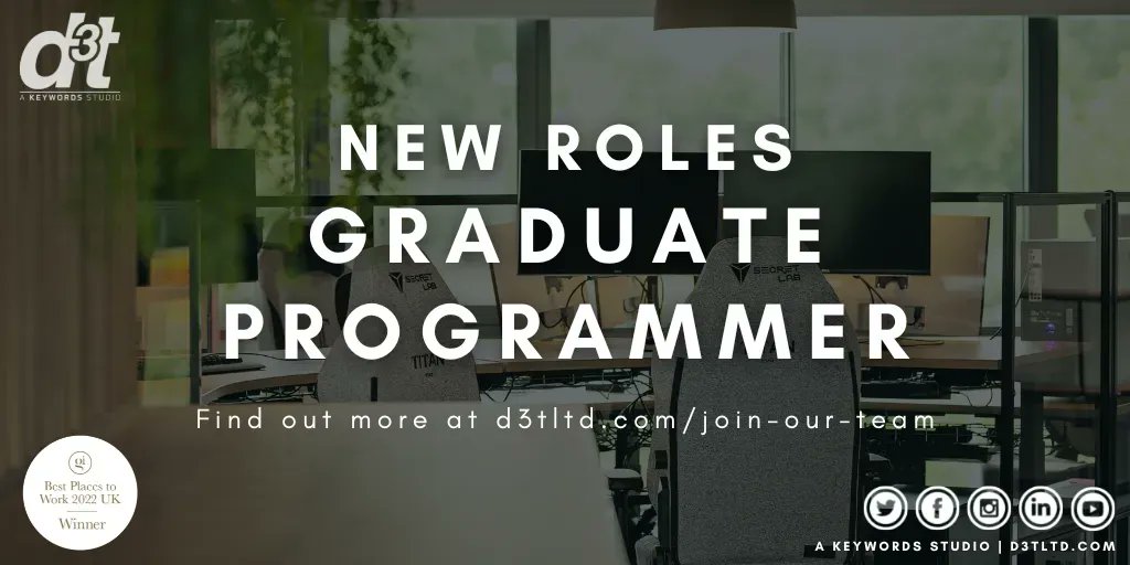 ⭐️ NEW OPPORTUNITIES AVAILABLE ⭐️

We're looking for Graduate Programmers to join our award-winning team 🏆

This is a fantastic #GameDevJob with a range of great perks and benefits!

Find out more here 👉 buff.ly/3EmaS5Q

#GoTeam #KWSFamily #GameJobs #hiring
