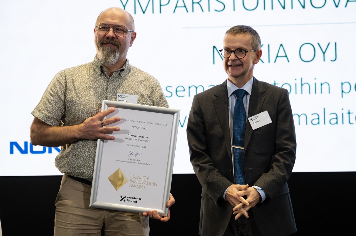 Our Virtual Power Plant received a recognition of excellence at <a href="/ExcellenceFi/">Excellence Finland</a>'s #Quality Innovation Award 2022 🎉🏆

It's an innovative concept exploring new ways to monetize radio network back-up batteries as frequency reserve and for peak shaving.

#EnergyEfficiency