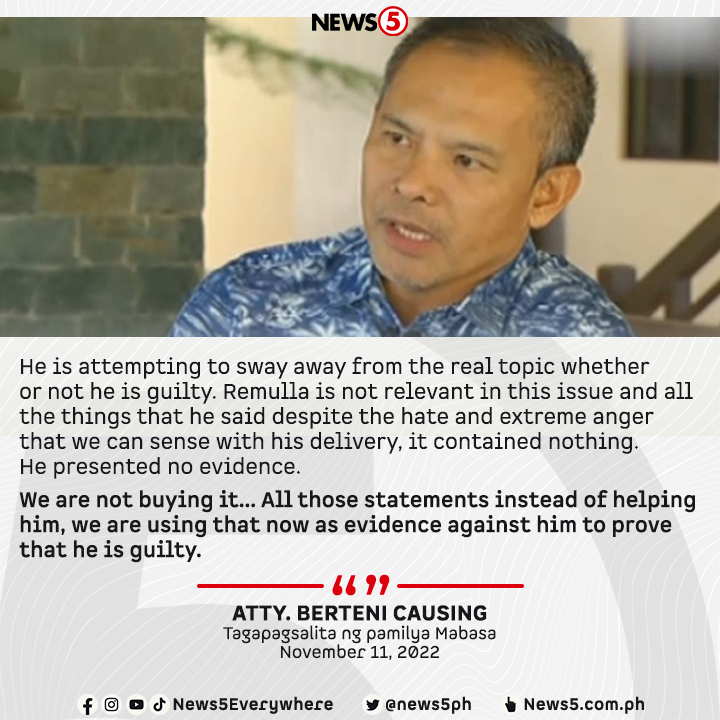 News5PH's tweet photo. Sa programang #OneNewsNow ng One News, ibinahagi ni Atty. Berteni Causing, tagapagsalita ng pamilya Mabasa, na hindi sila kumbinsido sa mga pahayag ni suspended Bureau of Corrections chief Gerald Bantag laban kay Justice Sec. Boying Remulla. #News5 https://t.co/hWpnKsgUlI
