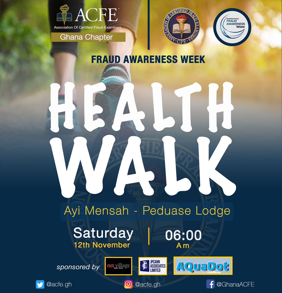 GhanaAcfe's tweet photo. Join us maintain a healthy weight and lose body fat as we celebrate fraud awareness week. 
See you on Saturday 

#fraud #acfe #ghana #healthwalk https://t.co/HtVhdpRNNU