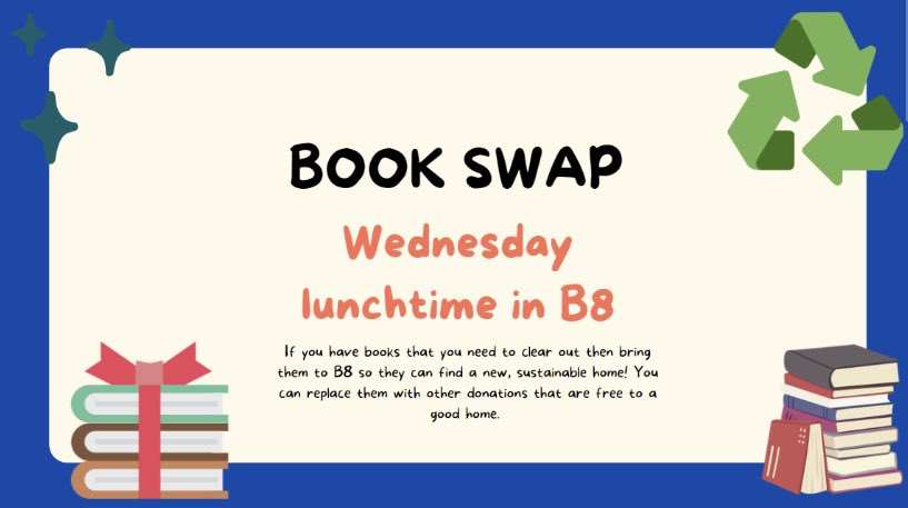 Come along to a sustainable book swap on Wednesday lunchtime in B8 with @MGSMissHepburn. 

#BookWeekScotland