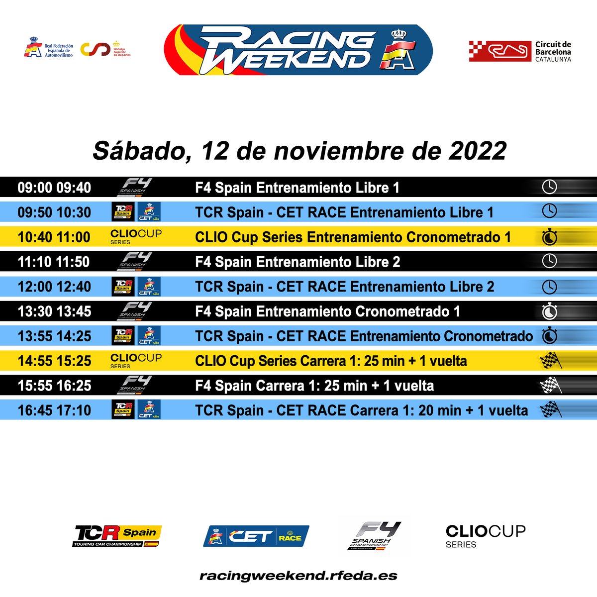 EPIC_RW's tweet photo. ¡Mañana os esperamos en el @Circuitcat_es con los primeros platos fuertes!
Este será nuestro menú 😎🏁
Sigue los tiempos ⏱️ y el streaming 🎥 en
https://t.co/Y2Uetjf5Z0
#RFEDA #RacingWeekend #TCRSpain #CETRACE #F4Spain #ClioCupSeries https://t.co/DieWuh8MAu