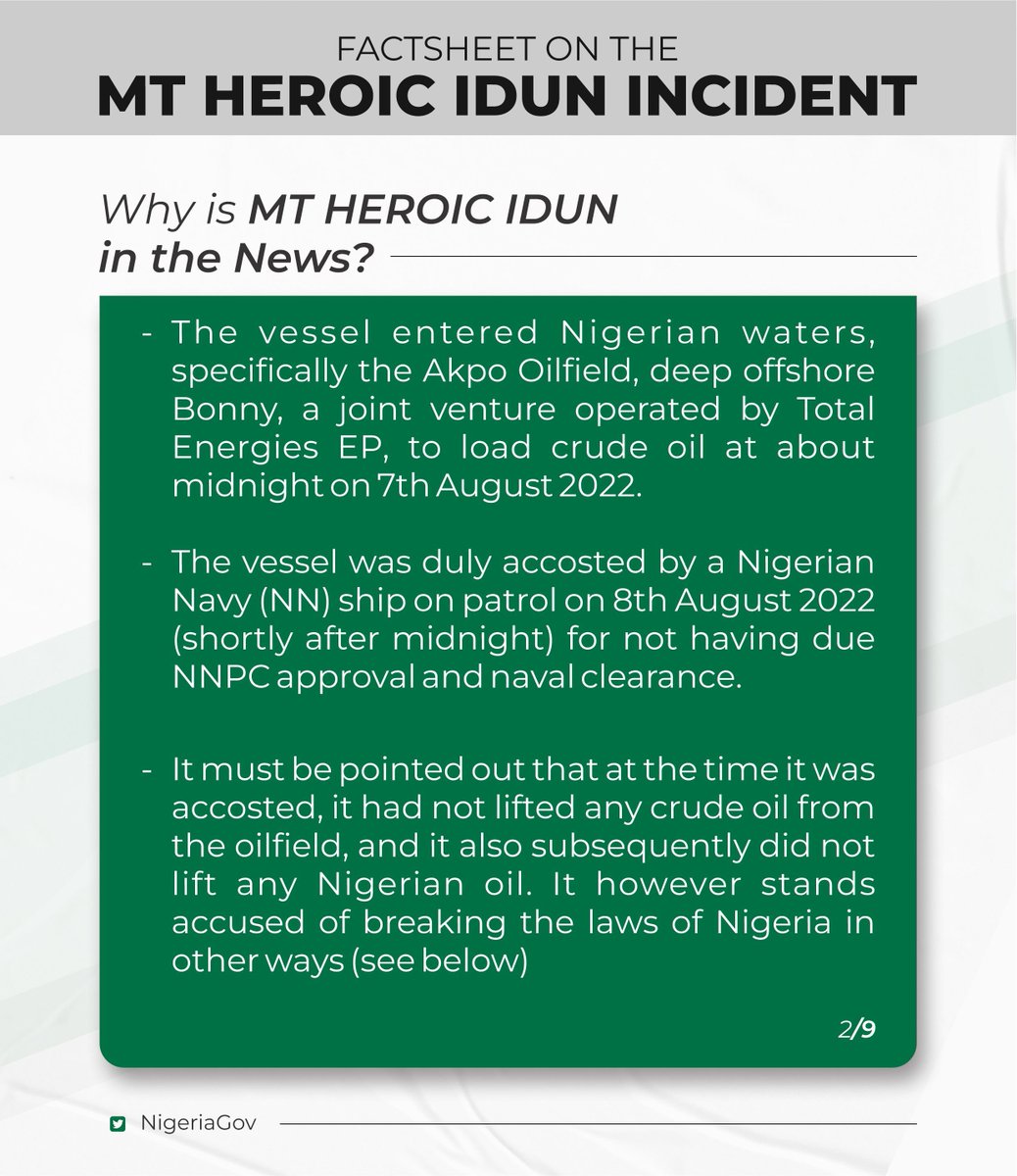NigeriaGov's tweet photo. An UPDATE on the MT HEROIC IDUN (Very Large Crude Carrier, VLCC) situation. 

#Thread (1/3) https://t.co/6N2LrKs8DS