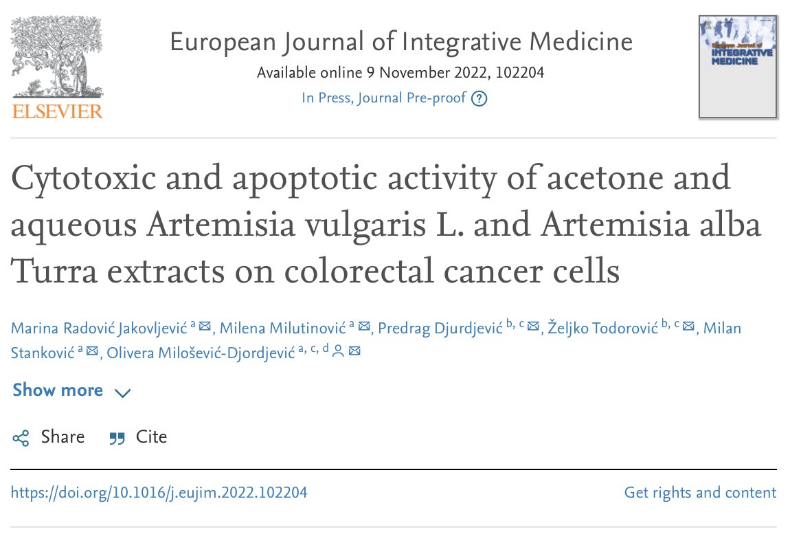 EuJIMonline's tweet photo. Activities of 2 extracts (acetone & aqueous) from:
#Artemisia vulgaris L.
Artemisia alba Turra
https://t.co/W8KcknlOT3
👉 and their effects against #ColonCancer cells (SW-480) & stem cells derived from human #PeriodontalLigament (individual & combined treatment with #mitomycinC) https://t.co/YqyMobcLJY