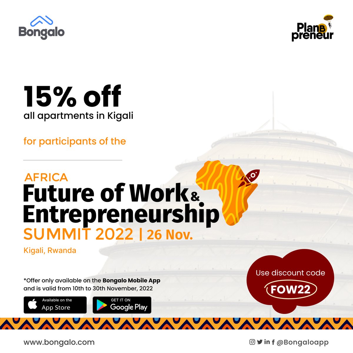 Are you traveling to Kigali for the Future of Work Entrepreneurship Summit Happening later this November at Kigali Convention Center?
Get a comfortable and affordable place to stay by booking any Bongalo apartment of your choice at 15%off #kigali #summit #planbpreneur #discount