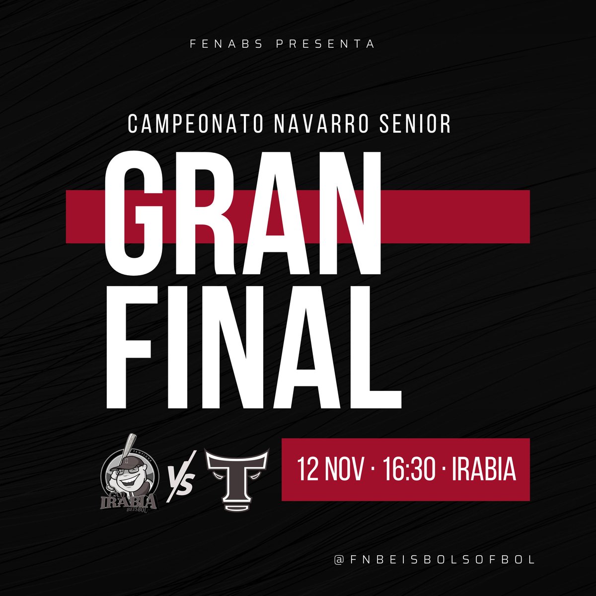 <a href="/irabiabeisbol/">Beisbol Irabia</a> y <a href="/CBSToros/">C.B.S. Toros Pamplona</a> se enfrentan mañana a las 16:30 en la gran final del Campeonato Navarro Senior de béisbol.

¿Nos vemos mañana en el campo de Irabia?

#Irabia #Toros #beisbol #fenabs