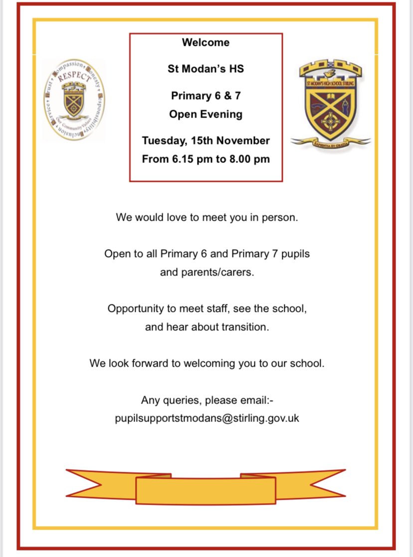 P6/P7 Open Evening Tuesday 15th November 6.15pm. <a href="/stmodansparents/">St Modan’s PTP</a> <a href="/StPatricks_PS/">St Patrick's RCPS</a> <a href="/stb_rcps/">St Bernadette's RCPS</a> <a href="/stmungoalloa/">St Mungo's RC PS</a> <a href="/stmbofficial/">St Marys Bannockburn</a> @stmargprimary01 <a href="/OurLadysOffici1/">OurLady’sOfficial</a>