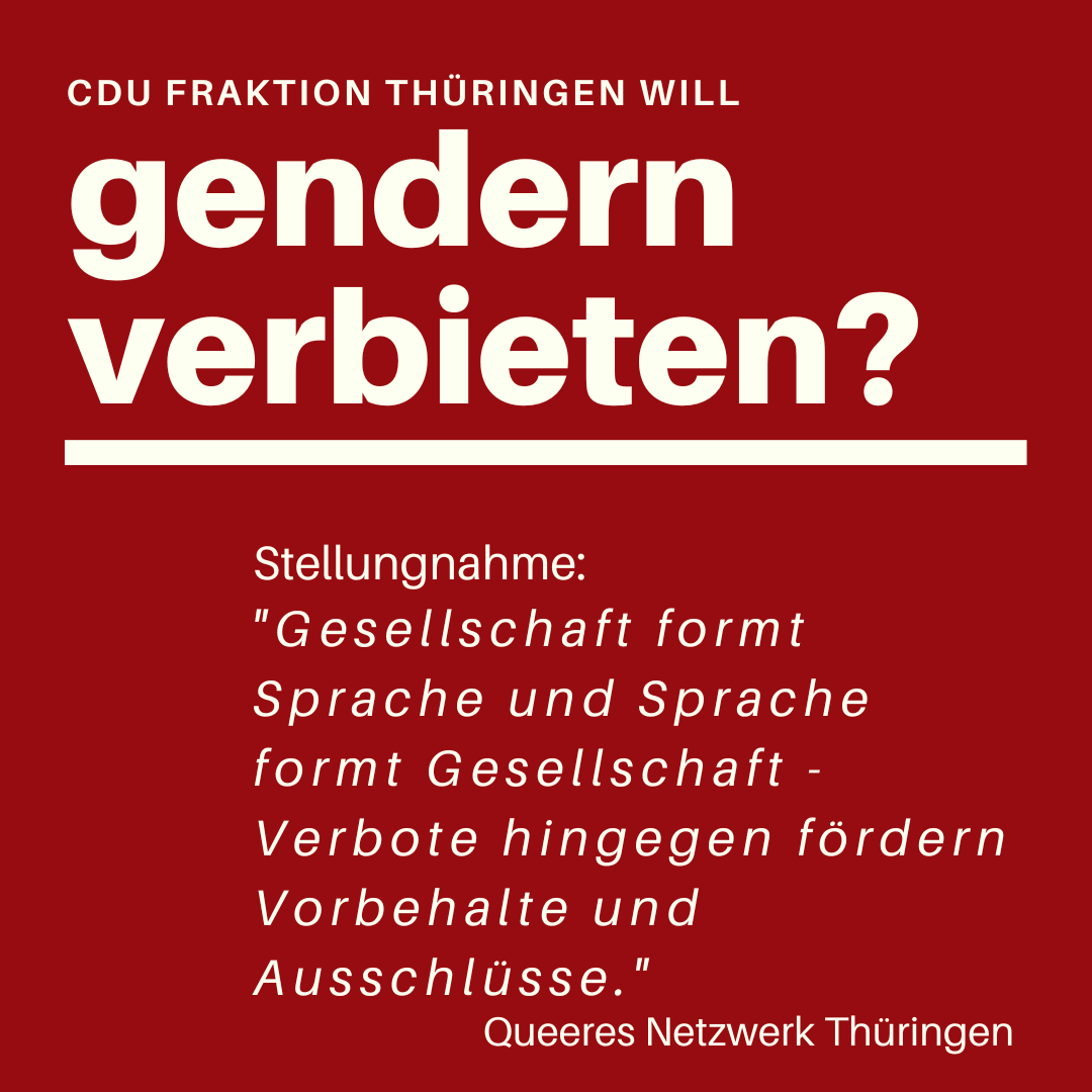 Der #Landtag #Thüringen hat den Antrag d. #CDU Fraktion angenommen, der Kommunikation d. Landtags &amp; vielen öff. Institutionen wie Schule, Uni &amp; öffentlich-rechtlichem Rundfunk das #Gendern verbieten will.
Statement des #Queer|en Netzwerk Thüringen: queerweg.de/projekte/queer… (1/5)