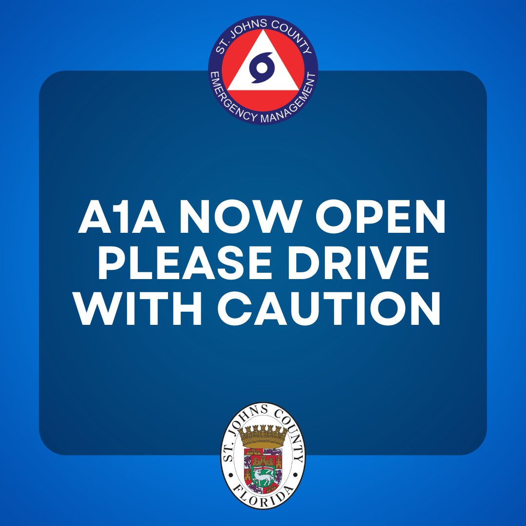 NICOLE UPDATE: A1A has now reopened after emergency repairs were completed by @myfdot_nefl. Please drive with caution especially near the areas of Guana River Road and Carcaba Road.

#MySJCFL #Nicole