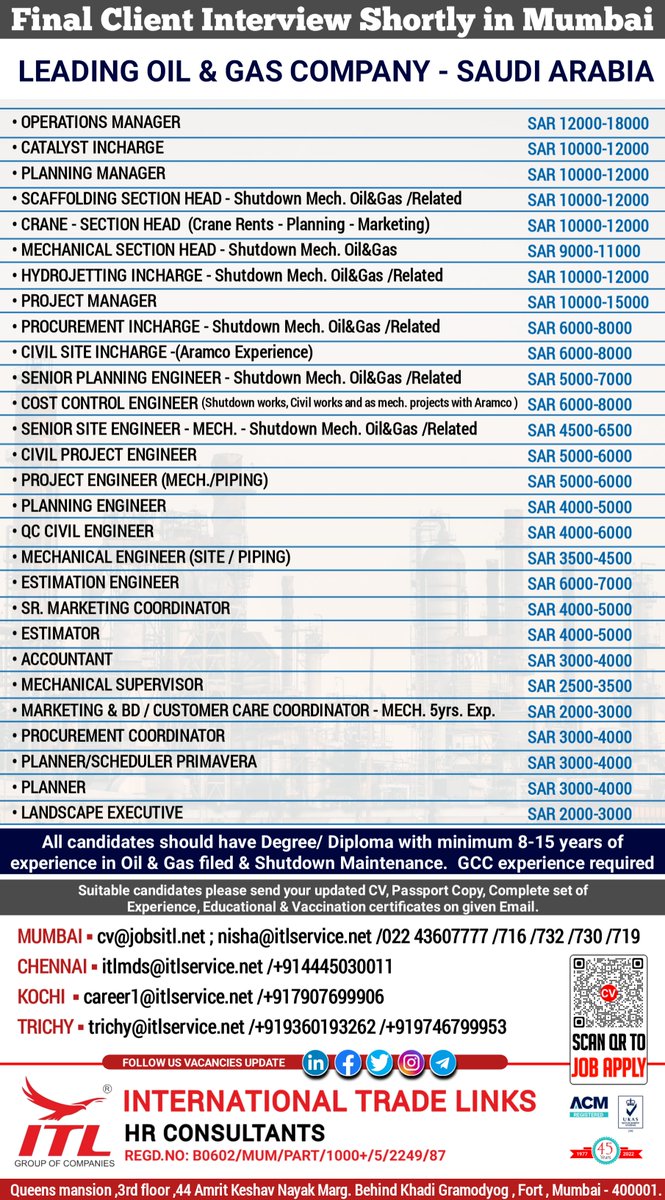 ItlJobs's tweet photo. JOB VACANCY FOR #saudiarabia

CLICK ON LINK TO APPLY JOB > https://t.co/t4H7IxSbKZ
Learn more :
https://t.co/L5a1jS3E2s

#managerjobs #marketingjobs #incharge #head #engineerjobs #hrsolutions #mechanical #supervisorjobs #rorating #petrochemical #refinery #oilandgas #saudijobs https://t.co/CdlP1hz1j5