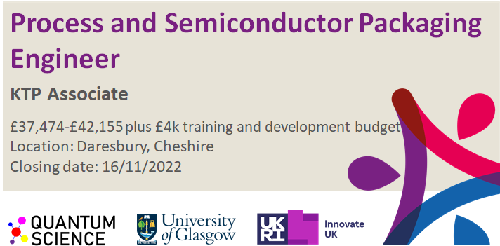 #Recruiting! Process and Semiconductor Packaging Engineer #KTP Associate
Fantastic opportunity to work on a 24 month #KTP project with <a href="/quantumscis/">Quantum Science Ltd</a> and <a href="/UofGlasgow/">University of Glasgow</a>. This position will be based in Daresbury, Cheshire. More info: ktpws.org.uk/Default.aspx?t…