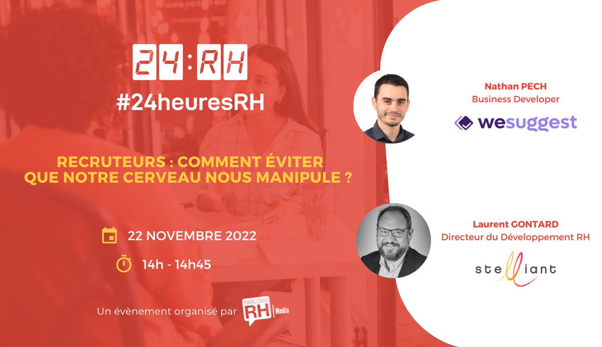 ParlonsRH's tweet photo. đ Saviez-vous qu'il existe plus de 250 biais qui influencent nos prises de dĂ©cisions au quotidien ?
â Comment Ă©viter que notre cerveau nous manipule pendant un #recrutement ? RĂ©ponses dans la confĂ©rence #RH de #WeSuggest pour #24heuresRH ! âĄïž https://t.co/znXWfDWWJF https://t.co/8Jzanm7mUl