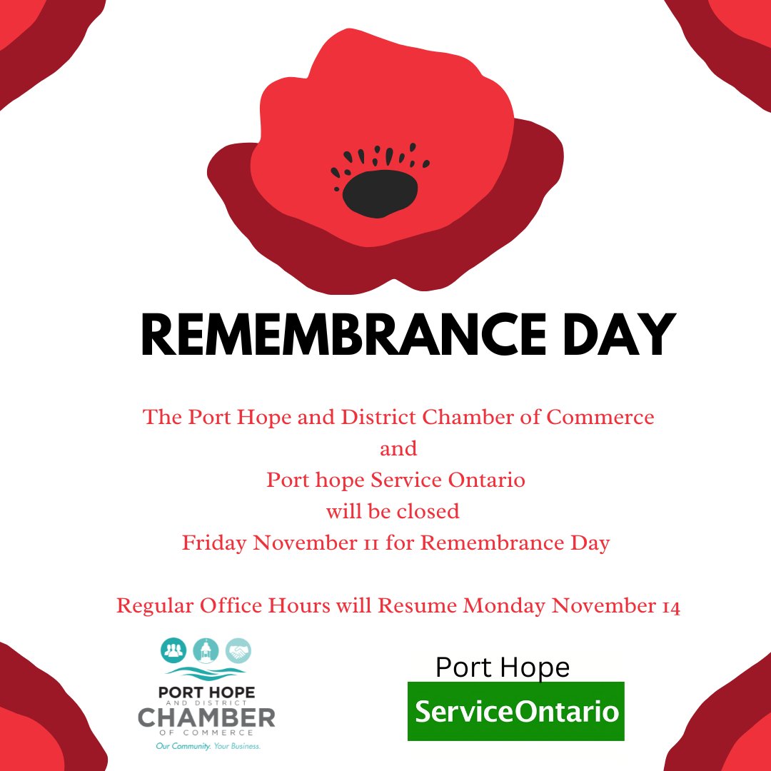 For Information on Local Remembrance Day Services please visit:
 
Municipality of Port Hope
calendar.porthope.ca/local/Detail/2…
or 
Port Hope Legion Branch 30
br30rcl.ca