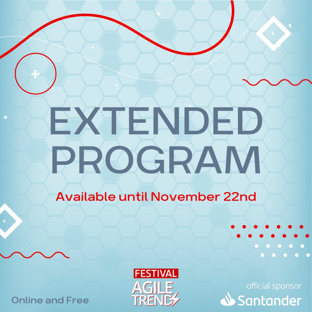 Don't miss out the Extended Program of Festival Agile Trends!

These are 10-minute talks, available on the event's platform, until November 22nd.

Access here: festival-agile-trends-4.heysummit.com

#festivalagile #agiletrends #agile #agilemindset #agileleadership #agilidad #innovacion