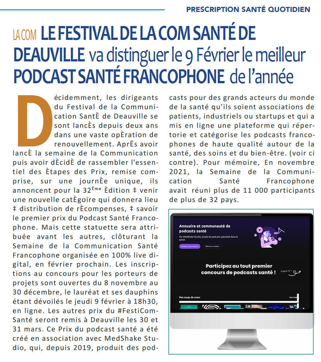 Festival de la Communication Santé (@festicomsante) on Twitter photo Ils parlent du #Festicomsanté : Le Festival de la Com Santé va distinguer le 9 février le meilleur Podcast Santé Francophone. A lire dans Prescription Santé Quotidien <a href="/PSLeQuotidien/">Prescription Santé</a> festivalcommunicationsante.fr/le-festival-de…
#PodcastSanté #communication #santé #comsante #francophonie Ils parlent du #Festicomsanté : Le Festival de la Com Santé va distinguer le 9 février le meilleur Podcast Santé Francophone. A lire dans Prescription Santé Quotidien <a href="/PSLeQuotidien/">Prescription Santé</a> festivalcommunicationsante.fr/le-festival-de…
#PodcastSanté #communication #santé #comsante #francophonie