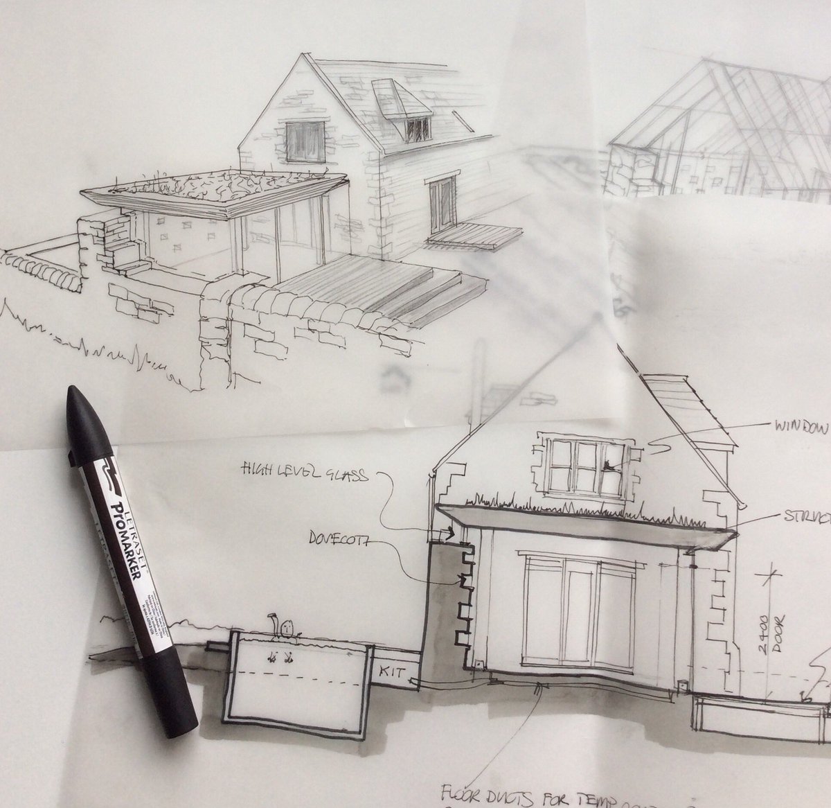 Recent sketches on the office drawing board #freehandfriday #handsketches #harrismccormackarchitects