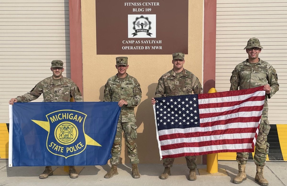 MSPFirstDist's tweet photo. Some MSP members serving our county.  Picture taken at Camp As Sayliyah, Qatar in October.   Motor Carrier Officer Fox (Lakeview Post), Trooper Sass (Brighton Post), Trooper Stuart (Hart Post) and Trooper Ryan (Brighton Post).  🇺🇸🇺🇸🇺🇸🇺🇸. @mspwestmi  @MichStatePolice https://t.co/A2ioV8UooB