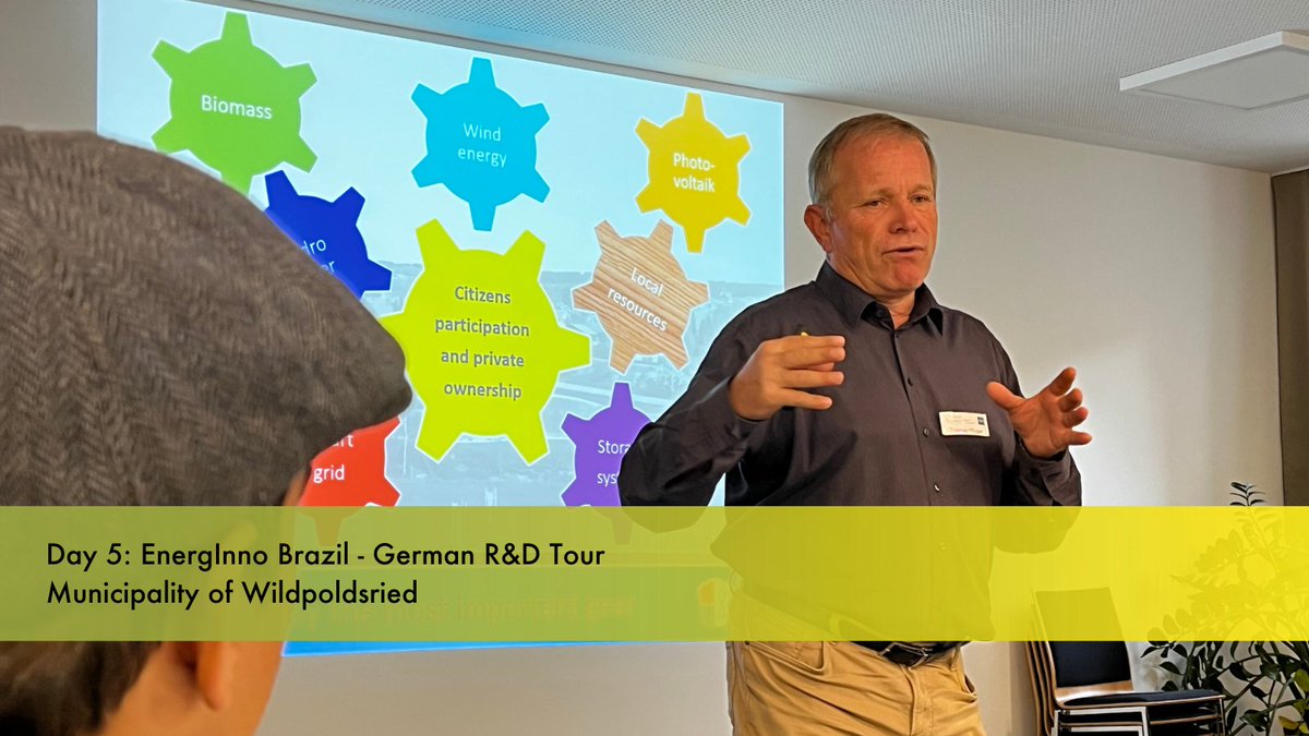 ResearchGermany's tweet photo. On the last day of the #GermanRDTour, Thomas Pfluger, Local Councilor Municipality #Wildpoldsried, welcomes the Brazilian delegation from #EnergInno. The unique small German town produces 321 percent more energy than it needs - #EnergySecurity and Sustainability at its best! https://t.co/9vmRiT6BEa