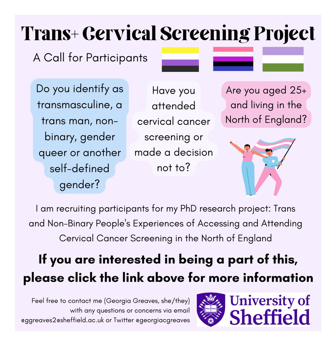 I'm recruiting participants to be involved in my PhD project on cervical screening for trans+ people! Please click this link transscreeningproject.wordpress.com for more information. Feel free to contact me via DM or email (ggreaves2@sheffield.ac.uk) to ask any questions. Thank you🏳️‍🌈🏳️‍⚧️