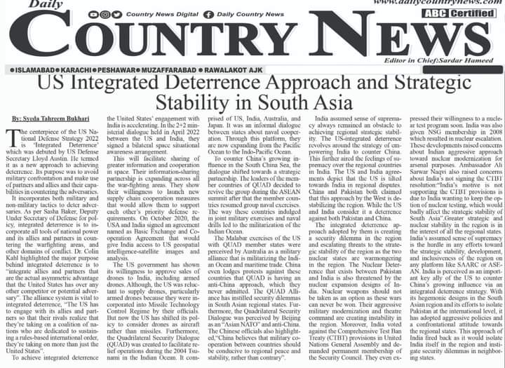 AsmaKhawaja5's tweet photo. An impressive article on US Integrated Approach and Strategic Stability in South Asia by Syeda Tehreem Bukhari, Research Officer at Centre for International Strategic Studies, AJK. 
@cissajk @dratiaalikazmi @bttn_quetta @CISS_Islamabad https://t.co/ALP09oi2ki