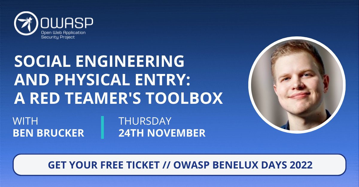 🎤🧰 Take a look inside a Red Teamer's Toolbox for Physical Entry, with Ben Brücker!

Discover attacker motivations for physical #soceng attacks &amp; watch Ben demo the tools used to break into secure organizations.

Only @OWASP BeNeLux Days in Tilburg, NL!

eventbrite.com/e/owasp-benelu…