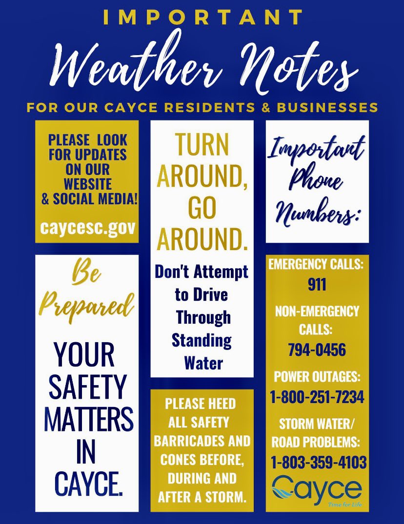 As a precaution, our Cayce Parks and Cayce Riverwalk will be closed Friday, November 11. 

For emergencies, always call 911! For non-emergencies, please contact us 24 hours a day at 803-794-0456 for assistance. 

#CayceSC #HurricaneNicole #TropicalStorm #WeatherClosing