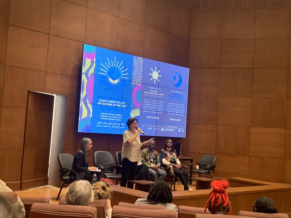 ClimateHeritage's tweet photo. Happening now at #COP27: “Culture Networks &amp; Climate Mobilisation” —leaders of diverse arts, culture &amp; heritage networks share their approaches to unlocking the power of culture to help tackle the climate crisis, w @CCFU_NGO @IFLA @IcomOfficiel @Fridays4FutureU 
#CultureAtCOP27. https://t.co/E4rokrS5MI