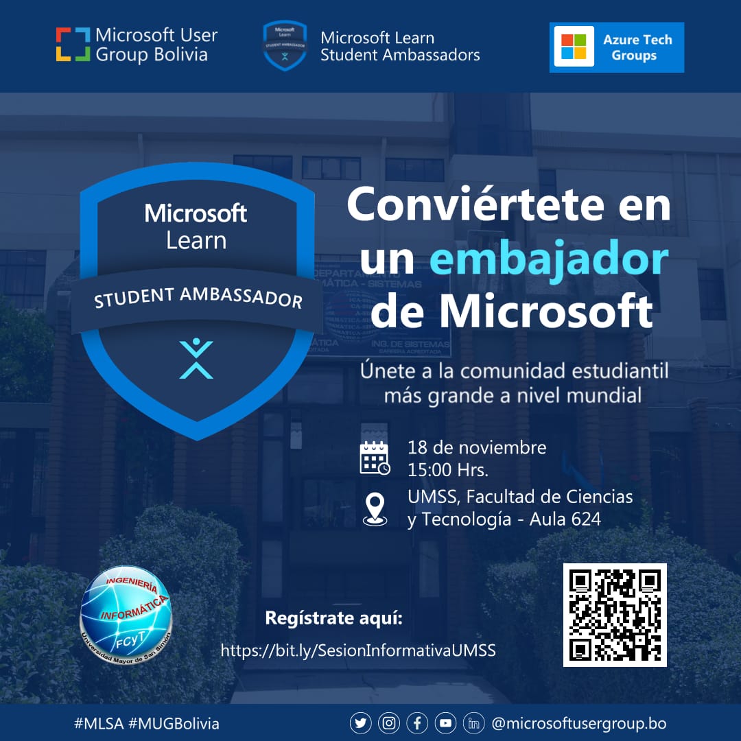 MUGBolivia's tweet photo. ¿Escuchaste hablar sobre el programa de embajadores de Microsoft? 🤩

Ven, participa y entérate de los beneficios del programa y como realizar tu postulación en nuestra sesión informativa presencial en la UMSS.

🔗Regístrate en:
https://t.co/N707ArpLeP

#MLSA #MUGBolivia #UMSS https://t.co/jAlAYy6RPl
